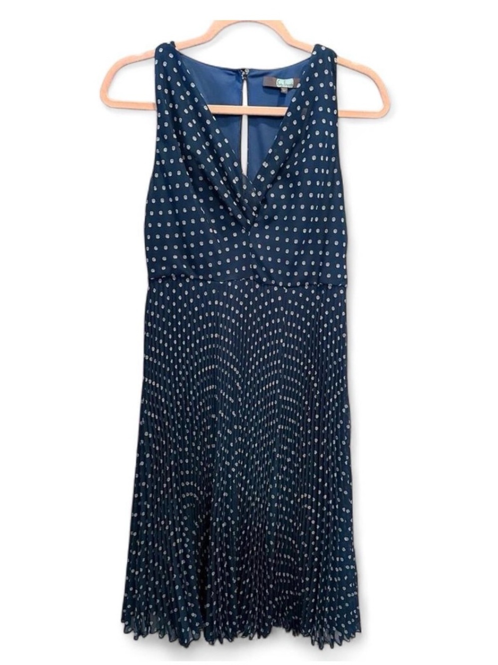 Anthropologie Eva Franco Navy Pleated Cocktail Dress White Polka Dots 6 Petite